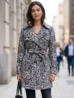 2/$25 Ambition Black & Grey Leopard Rose Print Trench Coat
